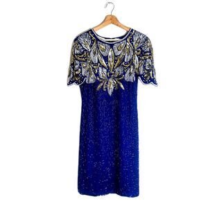 Vintage Laurence Kazar Dress Womens PM purple Beaded Sequin Silk Shift Party